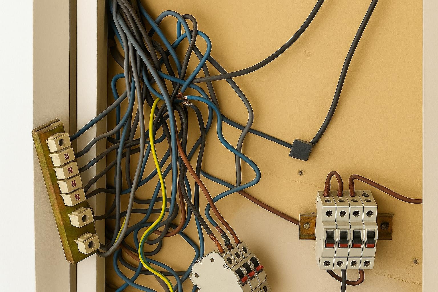 Tableau électrique avant rénovation, câblage désordonné